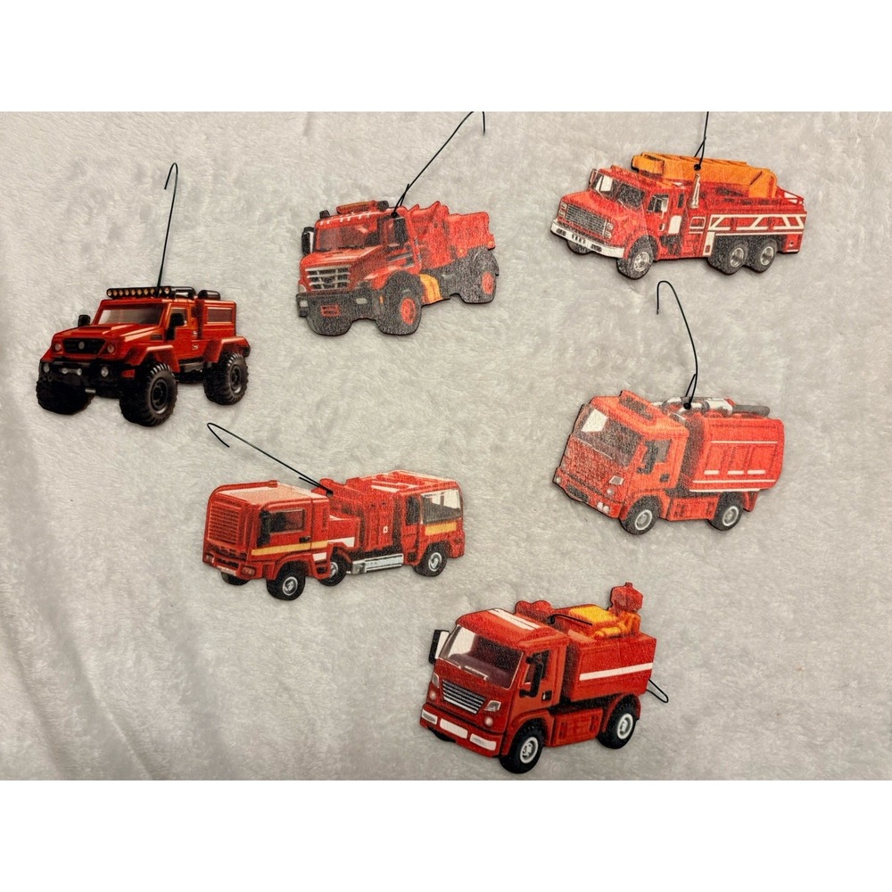 6pc Wooden Fire Truck Ornaments Set Off-Road Rescue Ladder Pumper Truck Lot